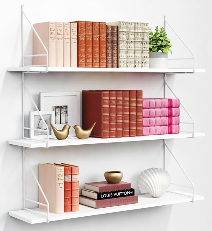 Harwaya White Floating Book Shelves for Wall 36 Inches Long Set of 3, Decorative Wall Bookshelf for Bedroom Living Room Home Office, Large Wall Storage Shelving for Kitchen Laundry Room Closet (White)