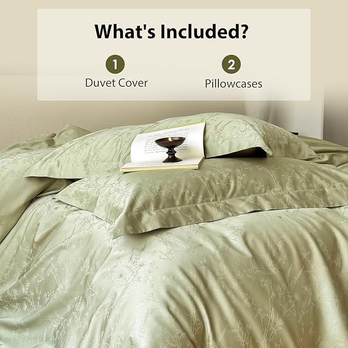 100% Cotton Duvet Cover King Size, Soft Breathable Green Duvet Cover Set for All-Season, Botanical Floral Bird Pattern- 1 Duvet Cover 104x90 Inches with Zipper Closure and 2 Pillowcases