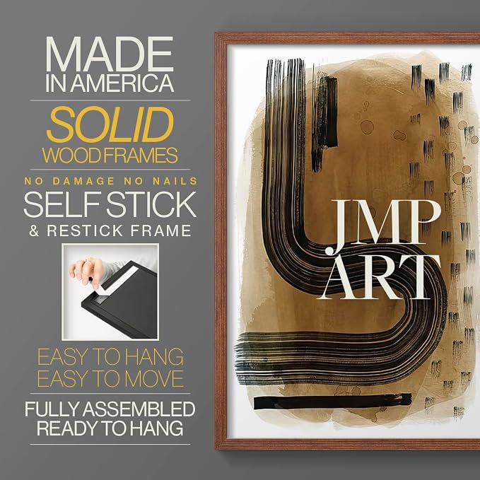 Renditions Gallery Set of 2 Peel & Stick Framed Prints, Abstract Wall Art, Hand Drawn Ink Curves Wall Decor, Re-Stickable - Ready to Hang - 16"x20" - Walnut Frame LT588