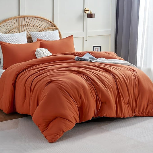 CozyLux California King Comforter Set Burnt Orange, 3 Pieces Cal King Lightweight Down Alternative Fall Bedding Sets, Terracotta All Season Solid Comforter with 2 Pillowcases, Bed Set Gift for Home