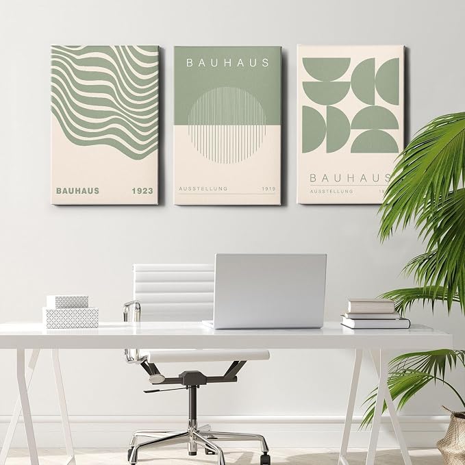 Geometric Line Wall Art Bauhaus 1923 Poster Sage Green Abstract Paintings Mid Century Modern Artwork Bauhaus Exhibition Poster Abstract Shape Prints Boho Modern Picture 16x24inch Wood Framed