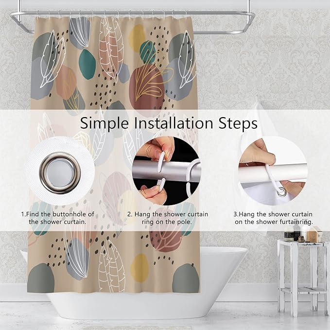 Abstract Mid Century Boho Leaves Colorful Geometric Pattern Shower Curtain, Washable Polyester Durable Fabric Aesthetics Bath Shower Curtain with Hooks, 65x72 Inch