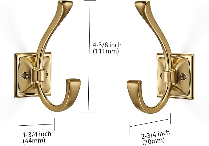Large Wall Hooks 2 Pack Brushed Gold Coat Hardware for Hanging 4.35 Inch Double Robe Wall Mounted With Screws for Key, Towel, Bags, Cup, Hat
