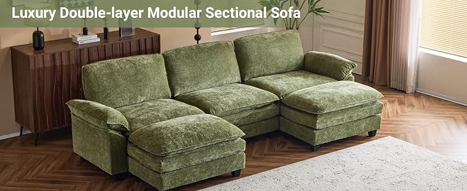 VINGLI 122" Cloud Olive Green Convertible Sectional Sofa, Comfy U-Shape Extra Deep Seat Sofa Couch for Living Room,Modern Chenille 3-Seat Convertible Sofa with 2 Movable Ottomans for Small Space