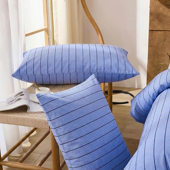 Merryword Blue Striped Duvet Cover Set King Size, 100% Cotton Denim Blue Bedding Set with Zipper Closure & 8 Corner Ties, Luxury Linen Like Bedding, Soft Breathable Comforter Cover for All Seasons
