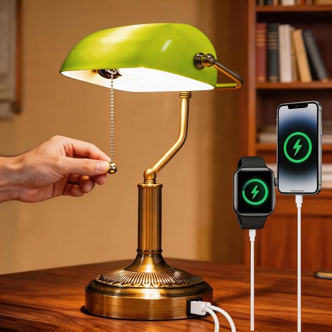Vintage Bankers Lamp, Green Glass with Antique Brass Finish, USB & Type-C Charging Ports, Pull Chain Desk Lamp for Home Office, Piano, Library (Green)