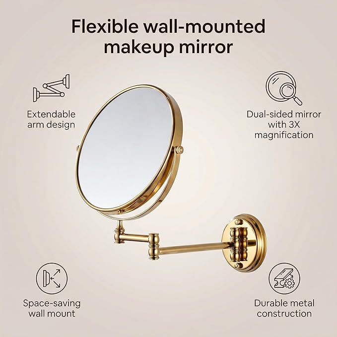 7Trees 8-Inch Retro Bathroom Folding Wall Mount Make-Up Mirror Flip Telescopic Beauty Mirror (Gold)