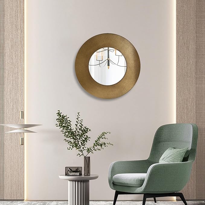 27 Inch Round Wall Vanity Mirror, Vintage Bronze Mirror Metal Frame, Anti-Rust Wall Mounted Mirror Home Decorative for Living Room, Bedroom, Bathroom, Restroom, Farmhouse