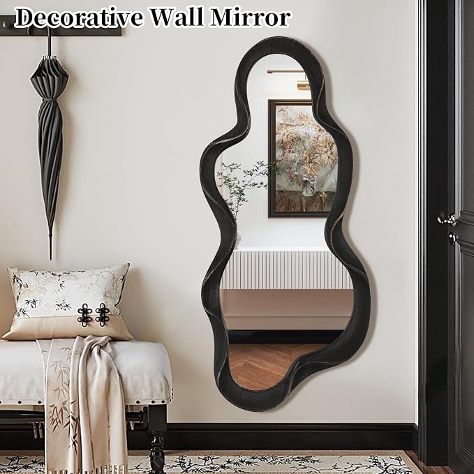 Asymmetrical Irregular Wall Mirror Modern Wooden Frame Mirrors Modern and Stylish Cloud Wavy Mirrors Decorative for Cloakroom Bedroom Living Room Bathroom Entryway 47" x 22"