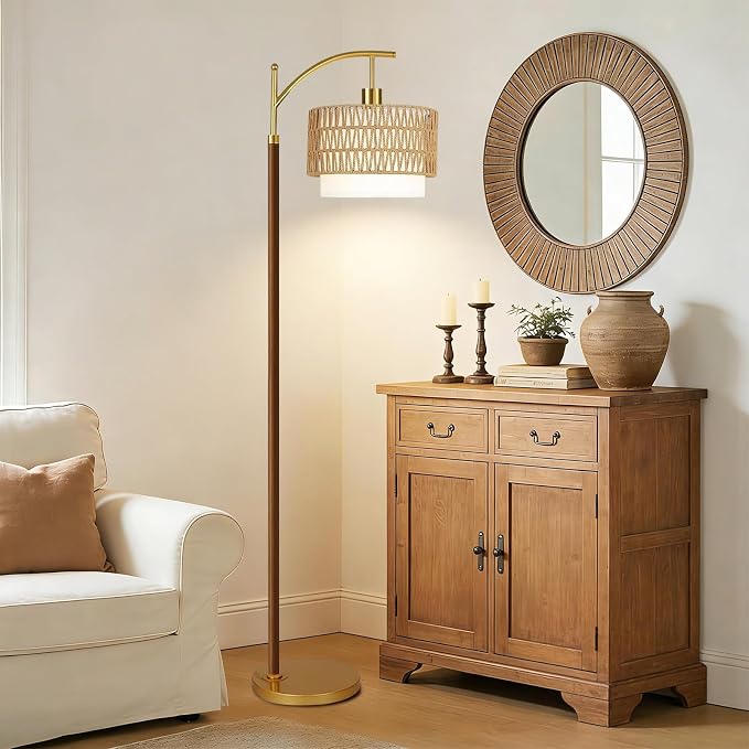 ILLMTW Rattan Floor Lamp for Living Room,Bedroom,Boho Wood Standing Lamp with Remote Dimmable,Vintage Mid Century Modern Gold Tall Lamp Wicker Lamp Shade Floor Lights Bohemian Tiffany Style