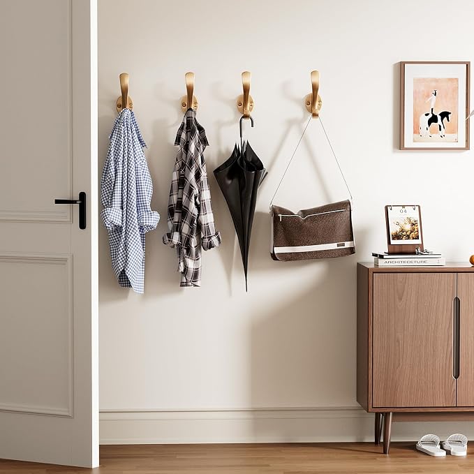 Coat Hooks Heavy Duty - Easy to Install Metal Towel Hooks Fashionable Wall Hooks for Hanging Hat, Towel, Key, Robe, Scarf, Bag, Cap (6 PCS Gold)