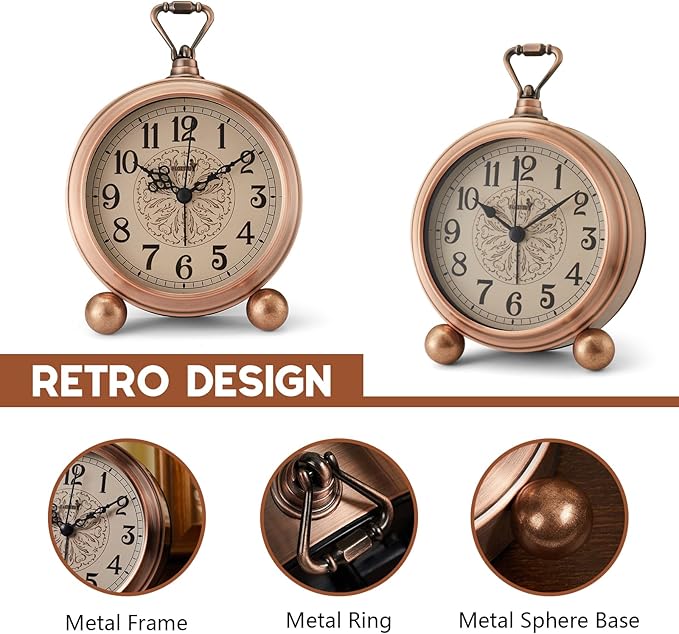 FLOITTUY 4.5" Battery Operated Antique Retro Analog Metal Alarm Clock, Silent Bedside Desk Clock, Wall-Hanging Vintage Clock(Vintage Bronze)