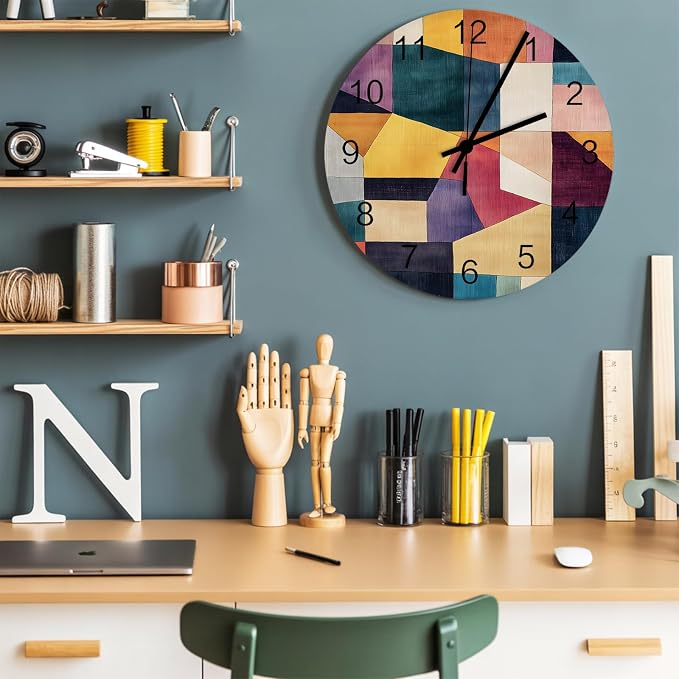 Impressionist Style Wall Clock Battery Operated Non-Ticking 12" Round Wood Clocks, Modern Colored Color Block Kitchen Wall Clock for School Bathroom Living Room Home Office Wall Decor
