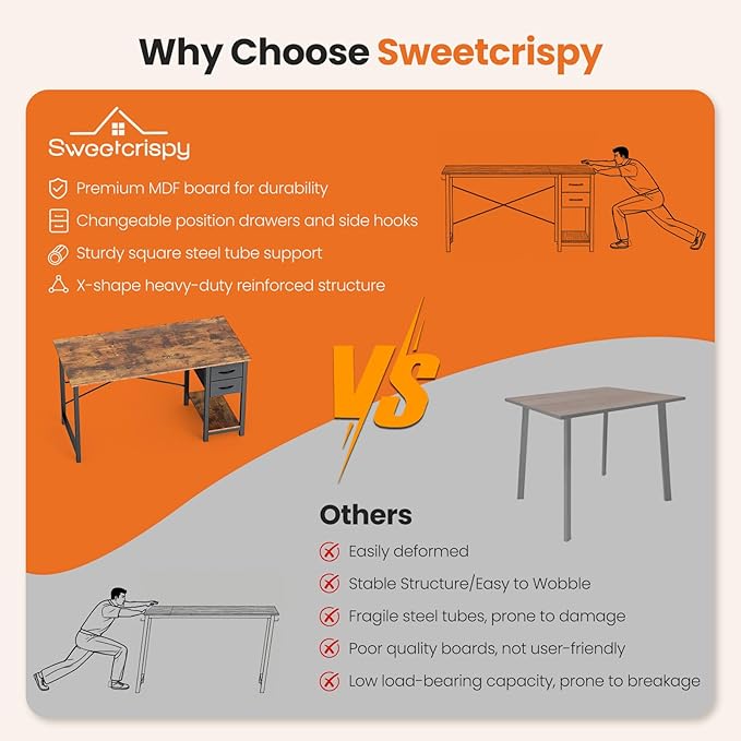 Sweetcrispy 47 Inch Computer Desk with Drawers for Home Office Writing Desk X Shaped Reinforcement Wood Surface Adjustable Position Modern Study Work Side Hook Metal Frame Storage Station Rust