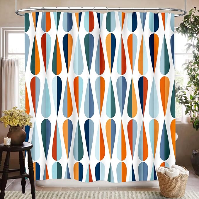 Mid Century Shower Curtain for Bathroom, Retro Modern Drop Shapes in Tones Abstract Geometric Pattern Blue 1950s 1960s Waterproof Fabric Shower Curtain Set with Hooks, 72"x84"