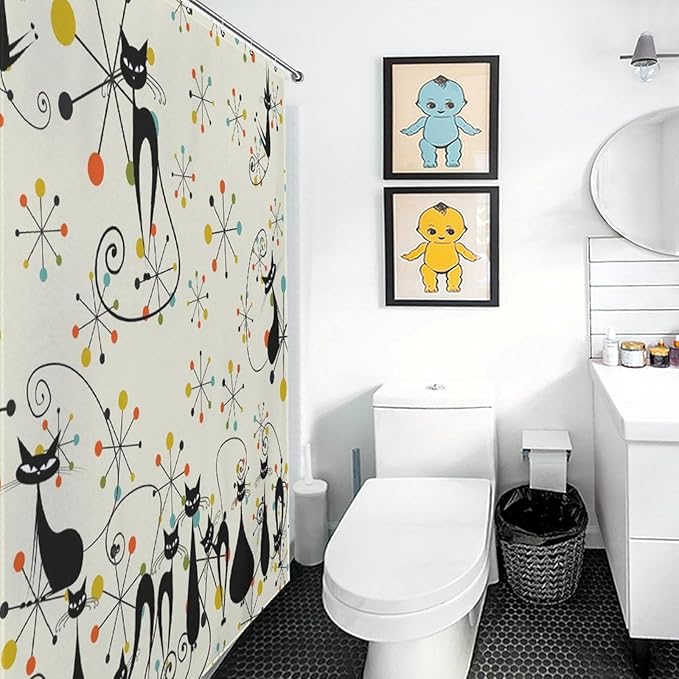 Mid Century Atomic Cat Shower Curtains, Atomic Abstract Geometric Cat Retro Pattern Waterproof Shower Curtains for Bathroom Decor 12 Pack Hooks 55x72in（140x183cm）