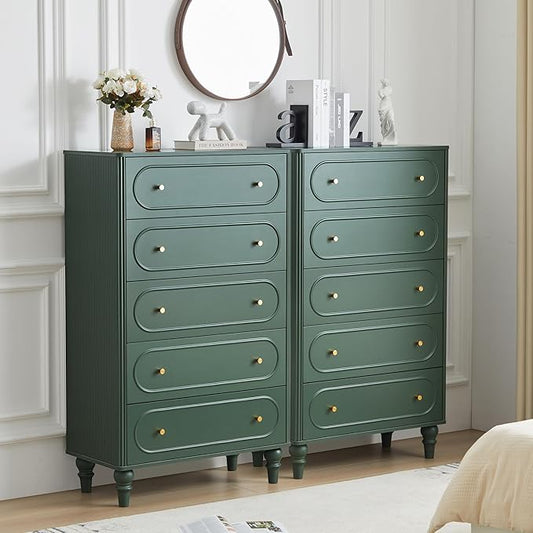 ORRD 5 Drawer Fluted Dresser for Bedroom Set of 2, Mid Century Modern Chest of Drawers, Wood Storage Large Dresser Organizer for Bedroom Living Room Hallway Closet, Green