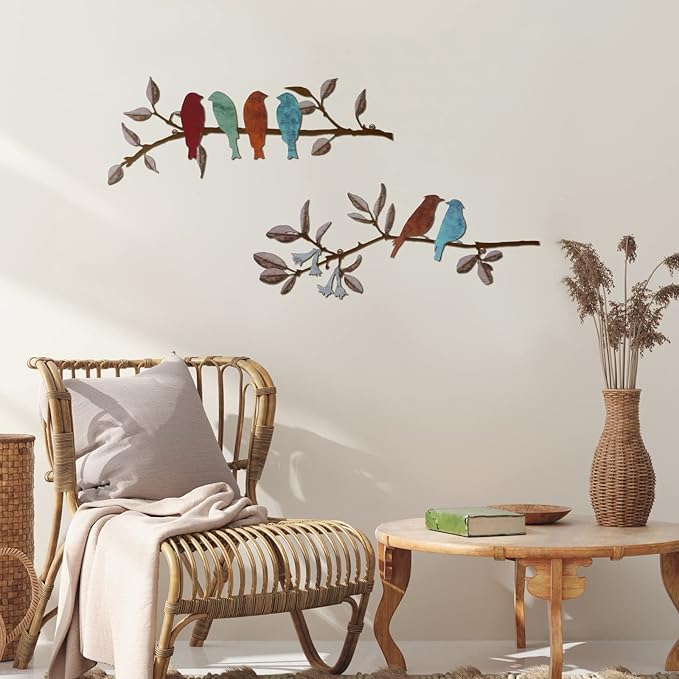 Demissle 2 Pcs Metal Birds Wall Art Decor Vivid Birds on Branch with Leaves Rustic Wall Decor Waterproof Metal Sculpture Hanging Sign for Home Balcony Garden Indoor Outdoor(Colorful)