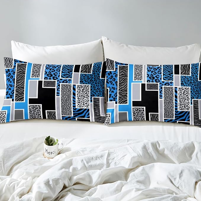 Erosebridal Leopard Zebra Print Toddler Duvet Cover Blue Black Geometric Stripe Patchwork Bedding Set Rustic Animal Skin Texture Comforter Cover for Kids Teen Adults,Jungle Wildlife Bed Set