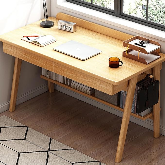 Mid-Century Writing Desk with 2 Storage Drawers, Home Office Computer Desk - Mid-Century Modern Walnut & Oak (39 Inch)
