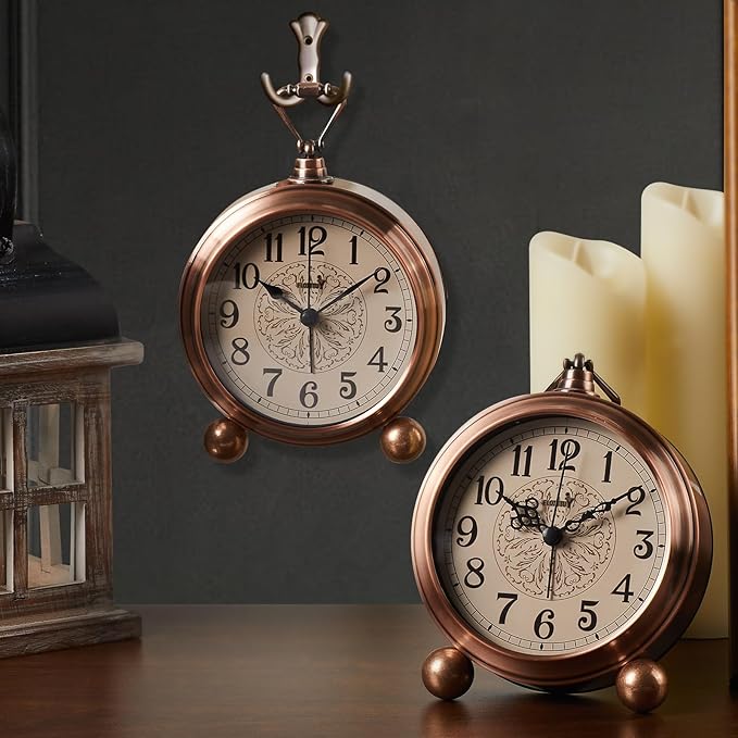 FLOITTUY 4.5" Battery Operated Antique Retro Analog Metal Alarm Clock, Silent Bedside Desk Clock, Wall-Hanging Vintage Clock(Vintage Bronze)