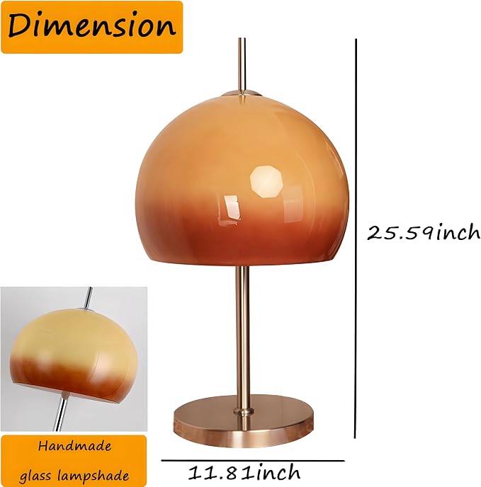 Bofea-Mid Century Modern Glass Table Lamps,Mushroom Desk Lamp with Orange Dome Glass Shade,Chromium Color Mushroom Lamp for Room Aesthetic Modern Lighting for Bedroom/Living Room.