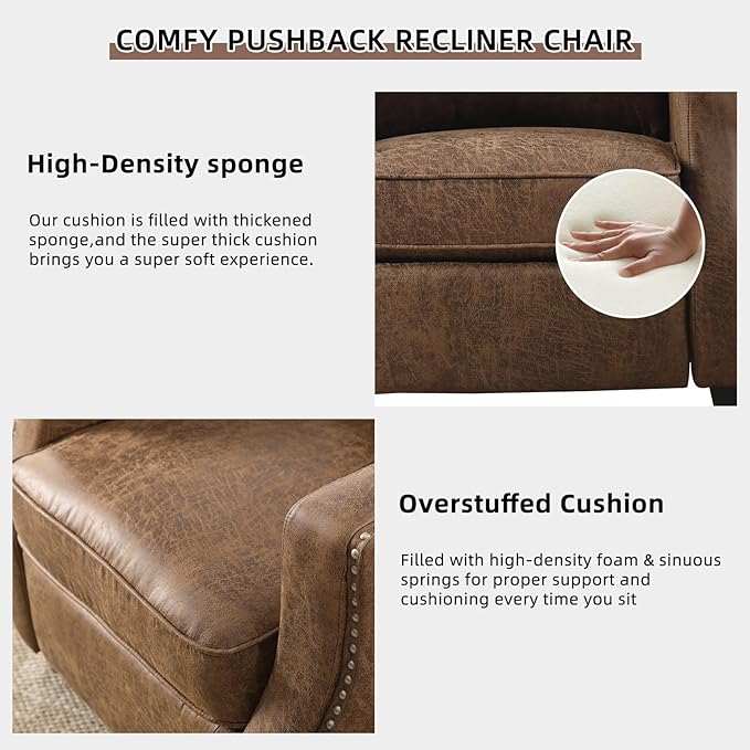 Push Back Recliner Chair Faux Leather Pushback Armchair with Rivet Decoration Wingback Single Sofa Chair with Padded Seat Solid Wood Legs for Living Room, Comfy Upholstered, Brown