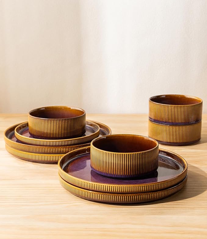 TheTerra Ceramic Dinnerware Sets for 4, 12 Pieces Porcelain Lightweight Plates and Bowls Sets, Scratch Resistant Dish Set, Oven & Microwave & Dishwasher Safe, Amber Amethyst