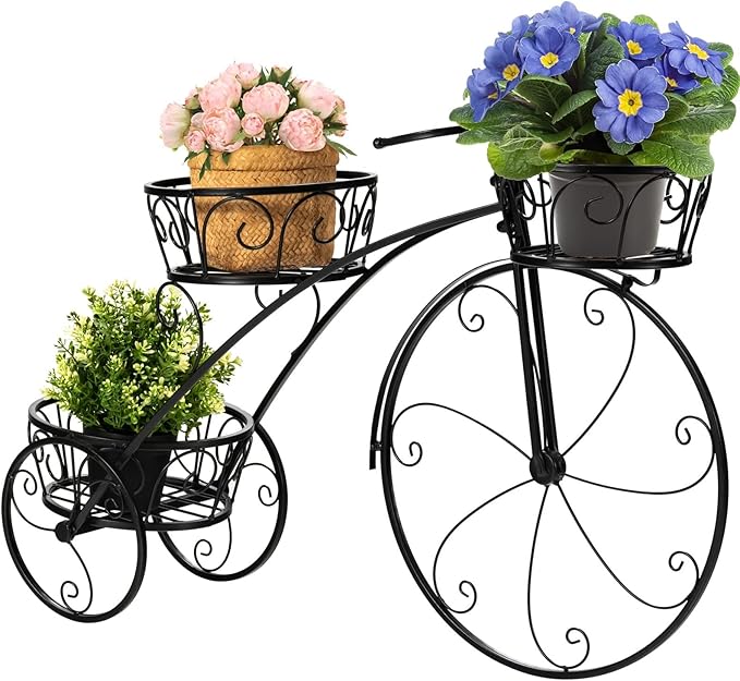 Giantex Metal Bicycle Planter, 3 Tier Tricycle Flower Plant Stand w/ 3 Decorative Wheels, Parisian Style Flower Display Stand Cart for Home Decor Patio Garden Flower Shop Indoor Outdoor