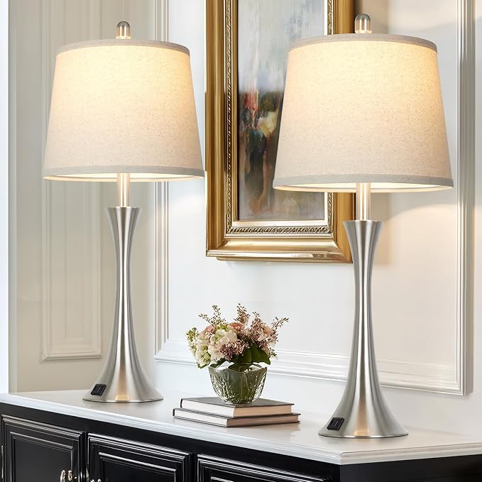 Rinweey 27.5" Silver Table Lamps Set of 2, Touch Bedside Lamps with USB C+A Ports, 3 Way Dimmable Nightstand Lamps for Bedroom, Living Room, Office, Silver Lamp with Beige Lampshade, Bulbs Included