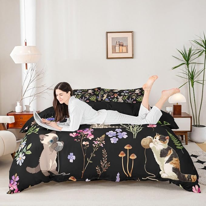 Erosebridal Cute Cat Comforter Cover King Kitten Cat Lovers Bedding Set Black Boho Watercolor Floral Duvet Cover for Kids Girls Boys Adults Funny Pet Animal Bed Set
