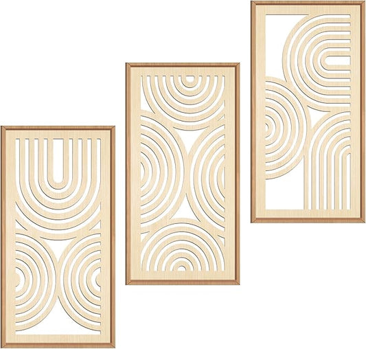 IARTTOP Boho Wooden Framed Wall Art Set of 3 Mid-century Modern Wood Wall Decor Minimalist Natural Bohemian Home Decor for Living Room Dining room Office
