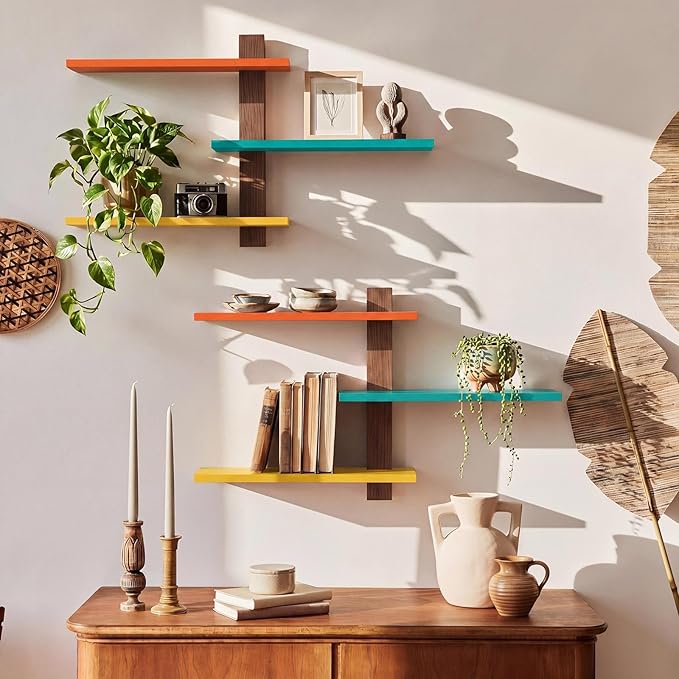 Pinkunn 2 Pack Wood 3 Tier Floating Shelf Large Minimalist Wall Shelves Mid Century Modern Furniture Wall Mount Shelf Art Decor Rustic Shelving for Bedroom Living Room Office Home (Mid Century Color)