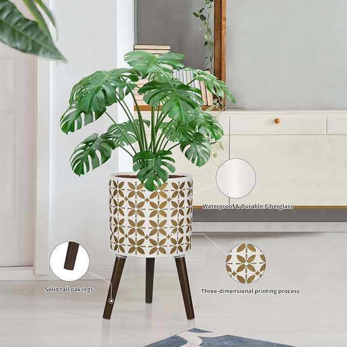 nacltlo12 Inch Planter with Stand, Plant Stand Indoor, Plant pots, Modern Mid-Century,Large Flower Planter Pot with Drainage Holes for Outdoor,White and xGold