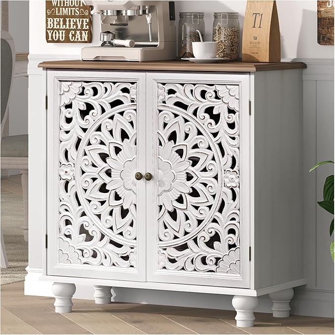 JOINICE White Accent Cabinet with Walnut Finish Top, 31" Farmhouse Storage Cabinet with Carved Doors for Living Room, Sideboard Buffet for Dining Room, Solid Wood Legs