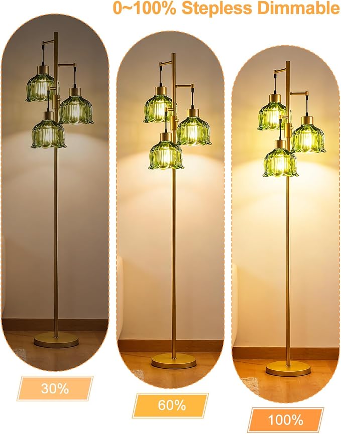 3-Light Modern Glass Floor Lamp, Gold Standing Tall Lamp with Green Vertical Rib Glass Shade for Reading, Dimmable LED Floor Lamp with 5Lbs Heavy Base for Living Room Bedroom Home Decor, Bulb Included