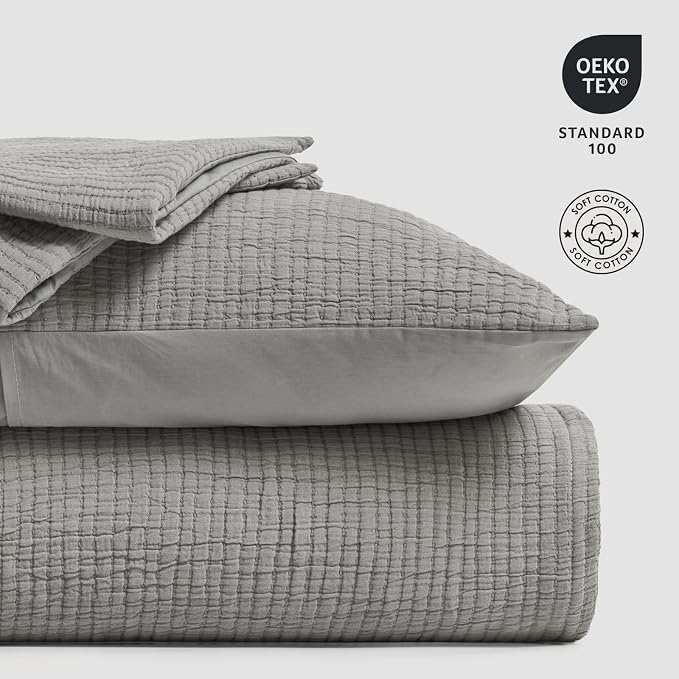 EVERGRACEHOME Cotton Gauze King Bedspread, Ultra Soft Prewashed Pick Stitch Matelassé Coverlet, Lightweight Textured Oversized King Quilt Bedding Set for All Season, with 2 Shams, Fog Gray