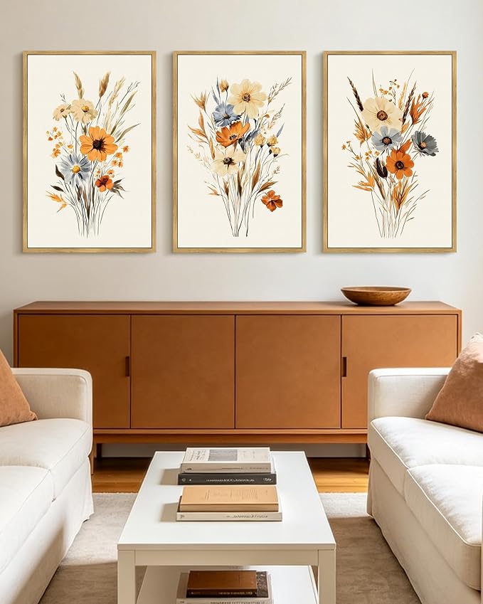 KUVIOKE Vintage Wildflower Bouquet Framed Wall Art Retro Flower Botanical Pictures Illustrations Colorful Floral Hanging Decor 24x36in (Natural Framed)