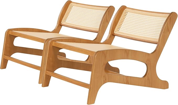 Chogori Mid Century Modern Wooden Lounge Chair Armless Rattan Accent Chair Lightweight Boho Style Seating Comfortable Single Chair for Living Room, Bedroom, or Patio (Natural-Oak, Set of 2)
