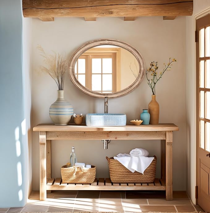 sawsile Oval Wood Mirror,Rustic 24x30 Inch Wooden Farmhouse Decorative Vanity Natural Mirrors for Bedroom, Bathroom, Living Room,or Entryway