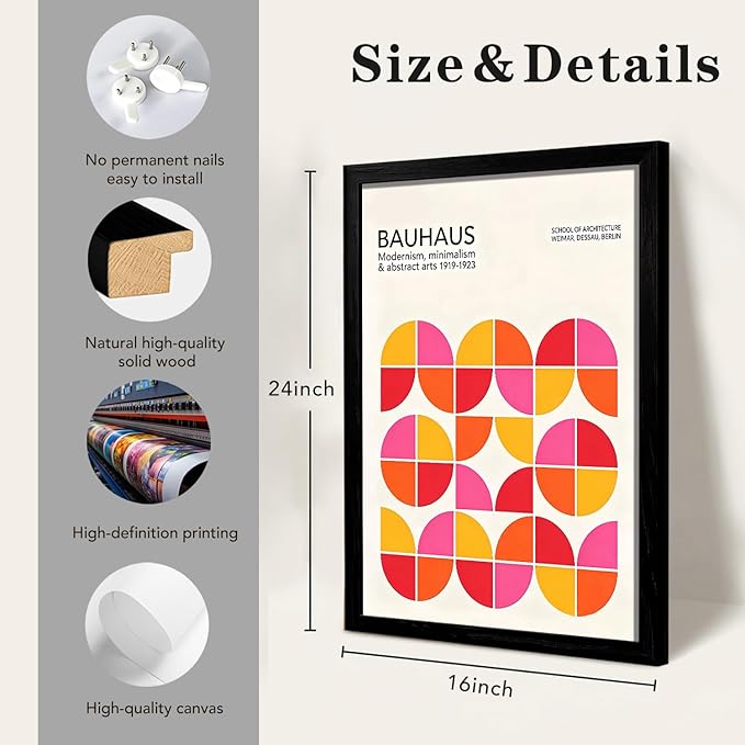 LIANGKESU Black Framed Bauhaus Wall Art Set of 3 16x24 Inch Mid Century Modern Orange Pink Geometric Canvas Prints Minimalist Retro Sunset Artwork for Living Room Bedroom Office Decor
