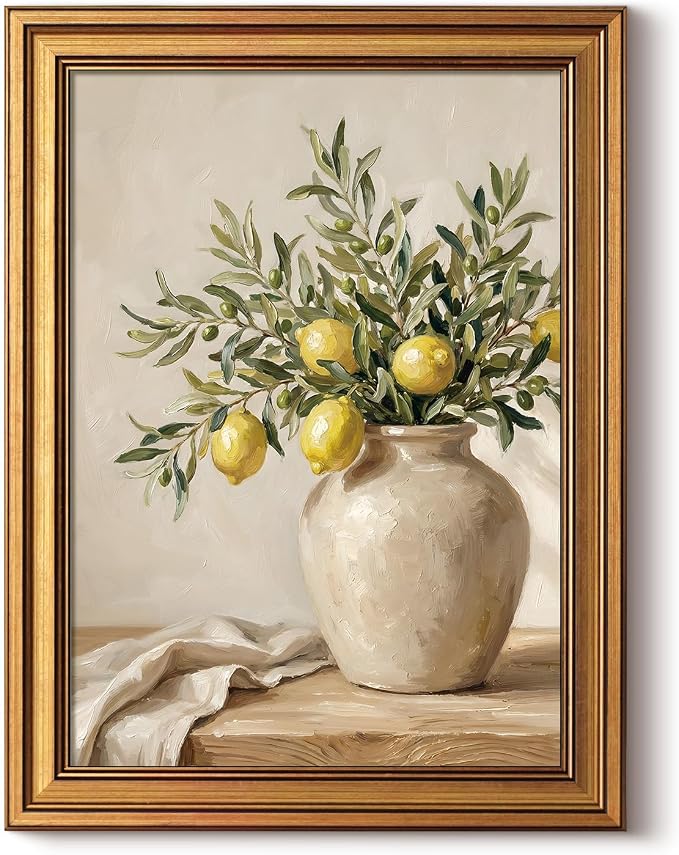 HUARCEY Gold Framed Vintage Wall Art for Living Room, Flowers Painting Prints Shelf Decor for Kitchen, Aesthetic Bedroom Wall Art, Best Gifts for Friends or Family - Lemon and Olive 16L x 12W