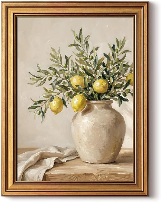HUARCEY Gold Framed Vintage Wall Art for Living Room, Flowers Painting Prints Shelf Decor for Kitchen, Aesthetic Bedroom Wall Art, Best Gifts for Friends or Family - Lemon and Olive 16L x 12W