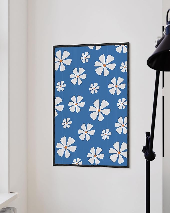 HAUS AND HUES Daisy Flower Wall Art - Blue Floral Art Print for Living Room (Black Frame, 24x36)