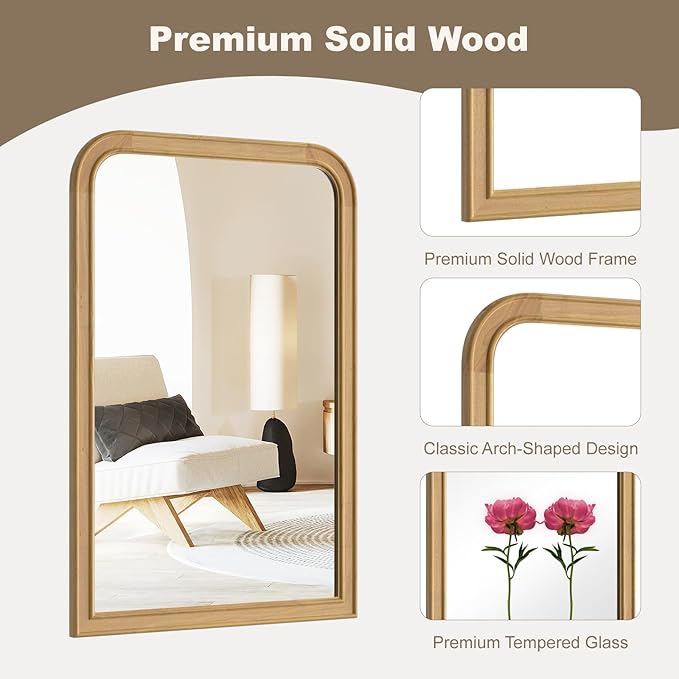 HOMECOOKIN 20" x 30" Wood Framed Mirror Bathroom Mirrors for Wall, Natural Arched Wood Bathroom Vanity Mirror for Entryway, Living Room or Bedroom Home Decor