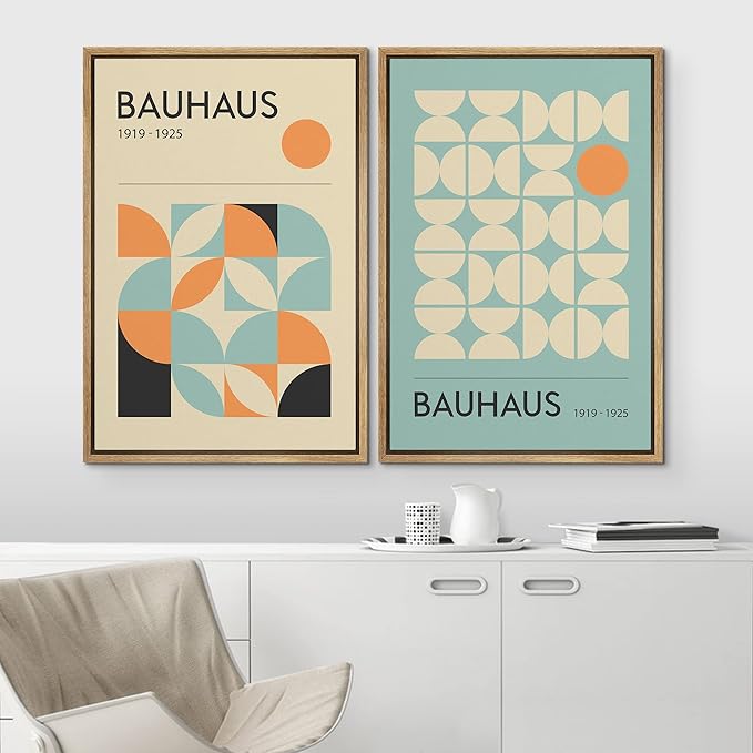 IDEA4WALL Framed Canvas Print Wall Art Set Bauhaus Geometric Blue Orange Polygon Collage Abstract Shapes Illustrations Modern Art Decorative for Living Room, Bedroom, Office - 16"x24"x2 Natural