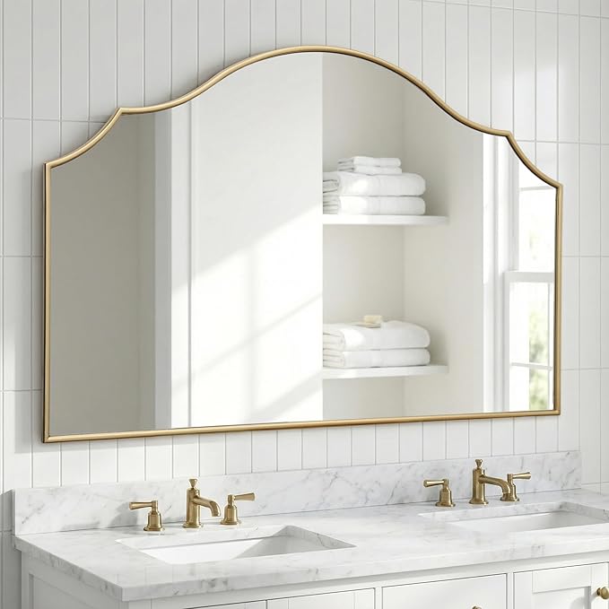 Besdomus Large Scalloped Gold Mirror: 47"x31" Modern Minimalist Wood Frame Wall Mirror - Decorative Vanity Arched for Bathroom/Dresser/Entryway/Fireplace/Living Room - Stylish Home Decor