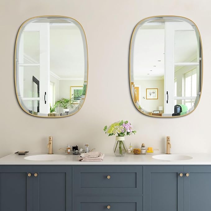 POZINO Gold Bathroom Mirror, 24"x32" Brass Rounded Rectangle Mirrors, Brushed Beveled Mirrors for Over Sink, Modern Vanity Wall Mirror in Premium Stainless Steel Frame Hangs Horizontal Or Vertical