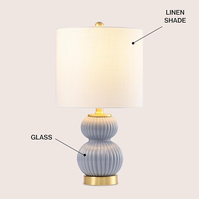 JONATHAN Y 20" Gray/Brass Gold Ribbed Gourd Glass Table Lamp, Modern Bedside Lamp for Bedroom Living Room, White Linen Drum Shade, LED Bulb Included (JYL1099C)