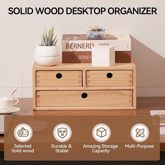 KIRIGEN Solid Wood Desktop Organizer with 3 Drawers - Multi-Layer Office Supplies Storage Rack for Documents, Stationery, Jewelry - Natural Wooden Desk Shelf Organizer Nature WJG23-NA
